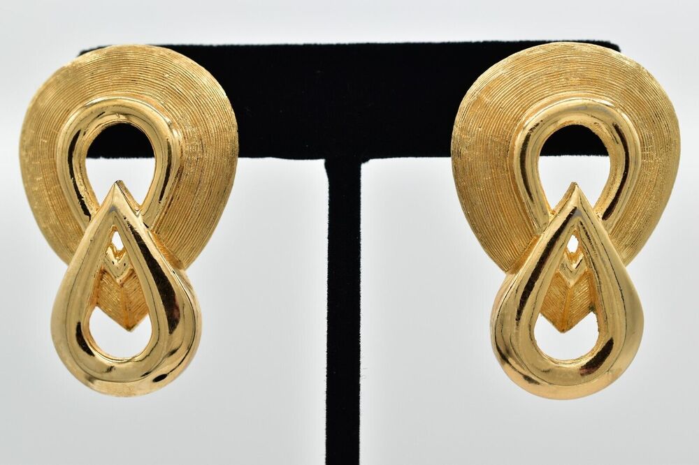 Christian Dior Vintage Chunky Earrings Dangle Textured Gold Signed 1980s BinBK